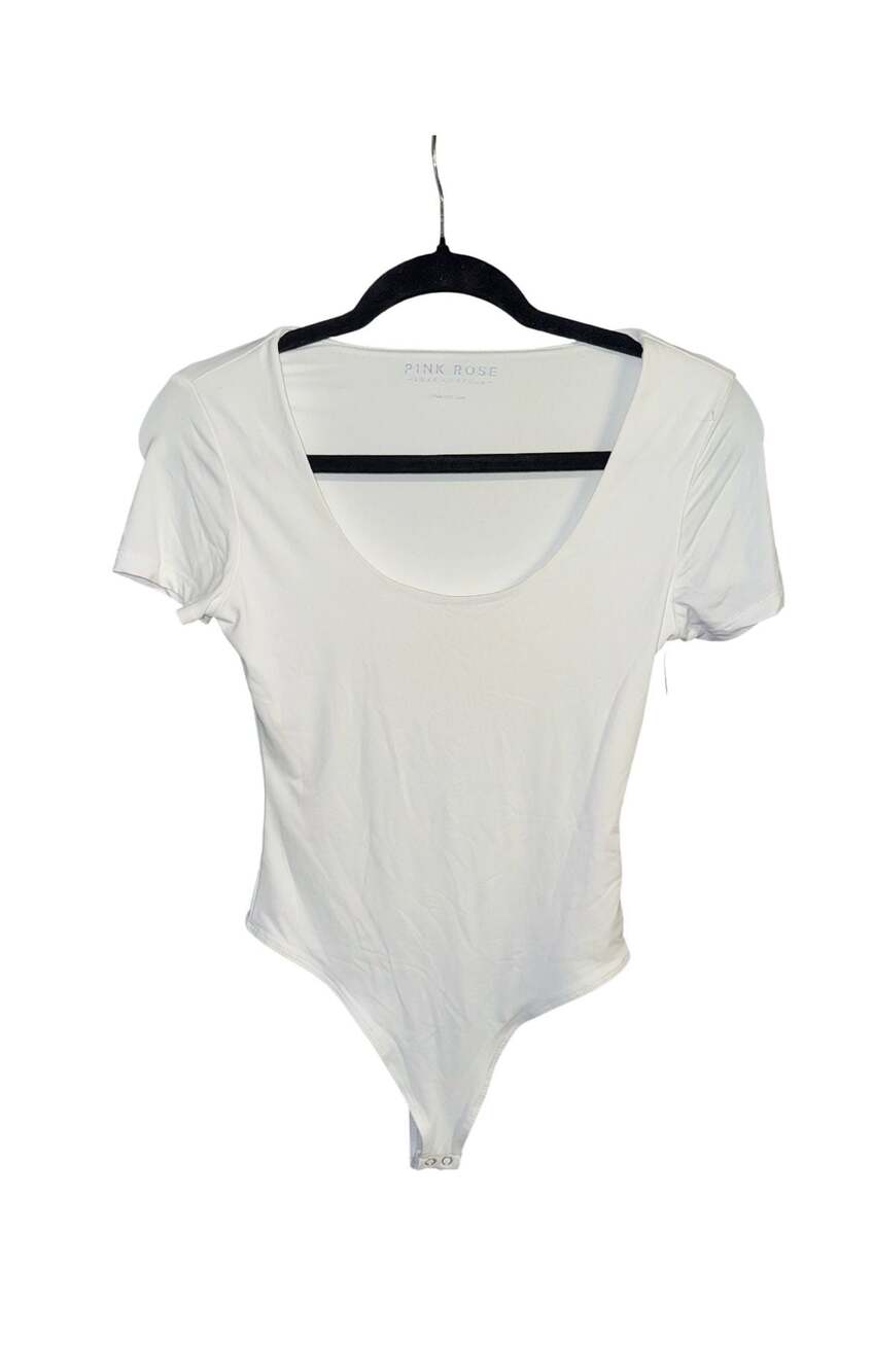 Pink Rose Luxe Contour Scoop Neck Short Sleeve Bodysuit White Size S